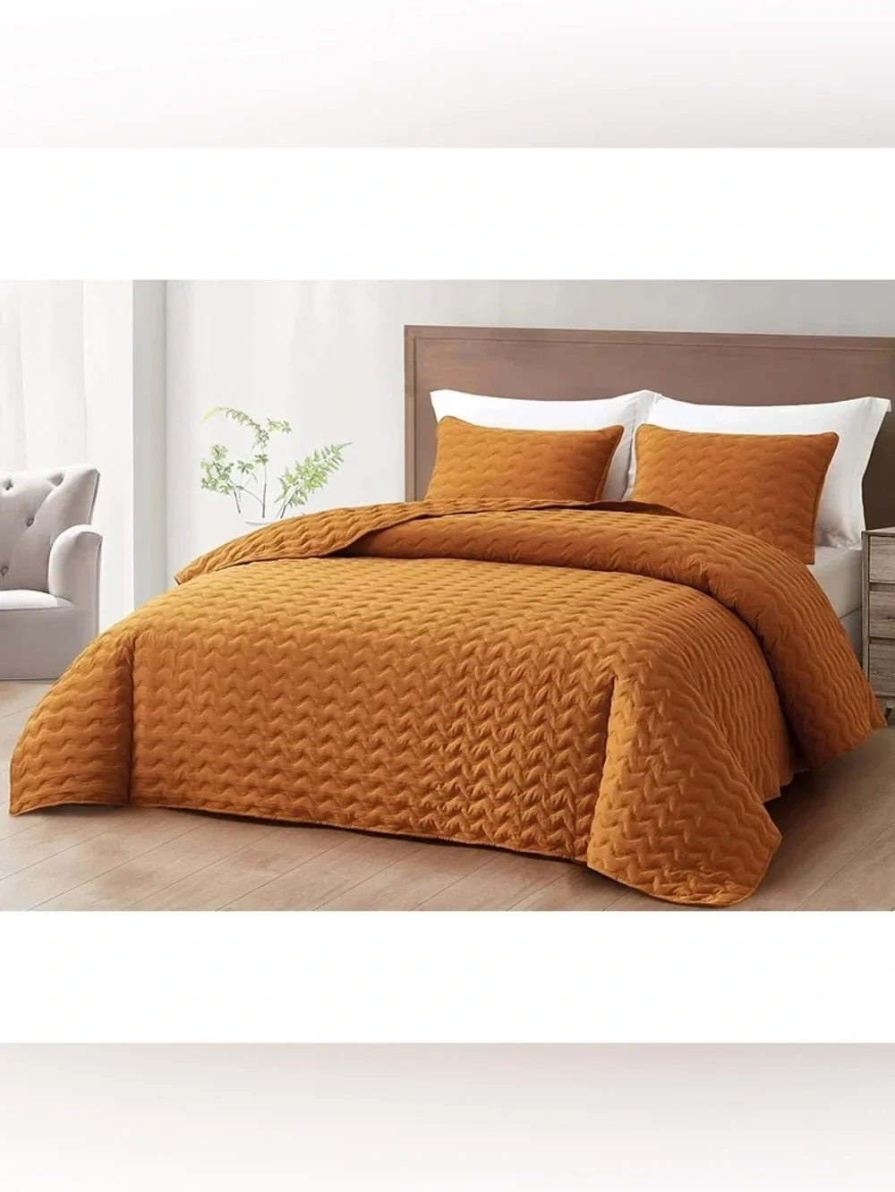 Luxury Quilted king 3 piece Coverlet Set - Burnt Orange